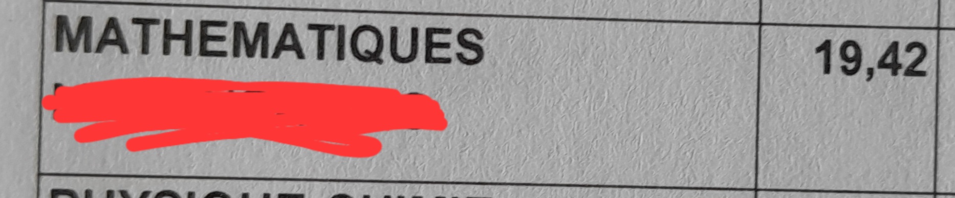 Note de mathématiques d'élève 6