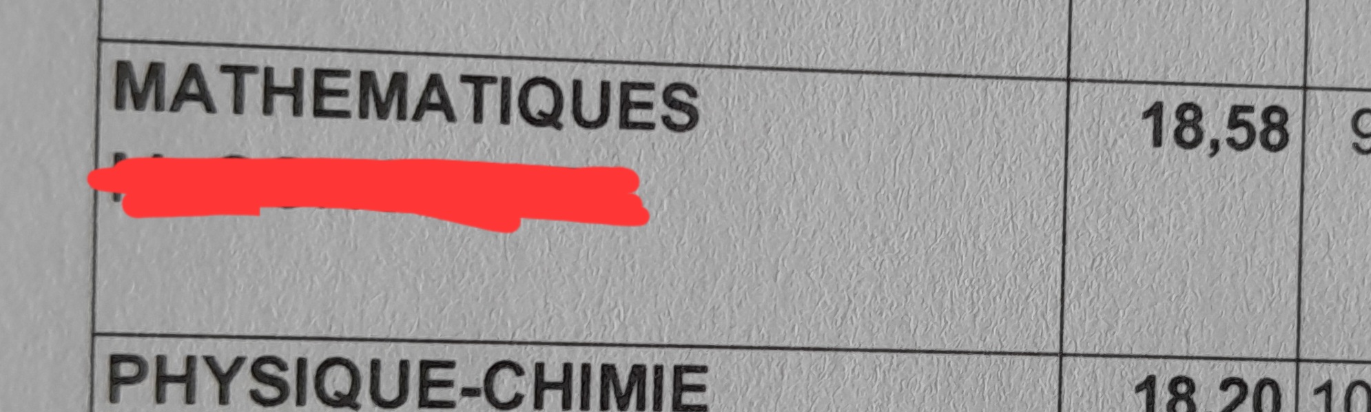 Note de mathématiques d'élève 7