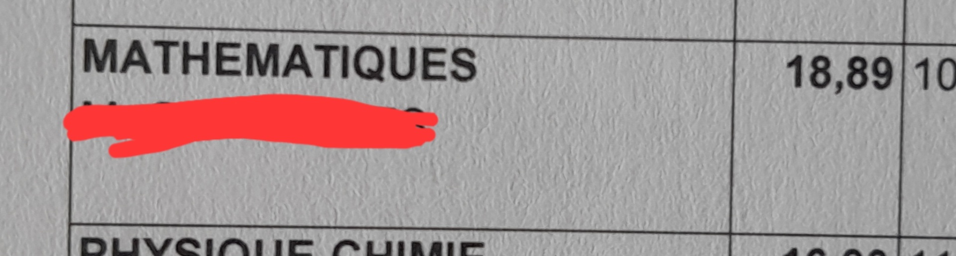 Note de mathématiques d'élève 8